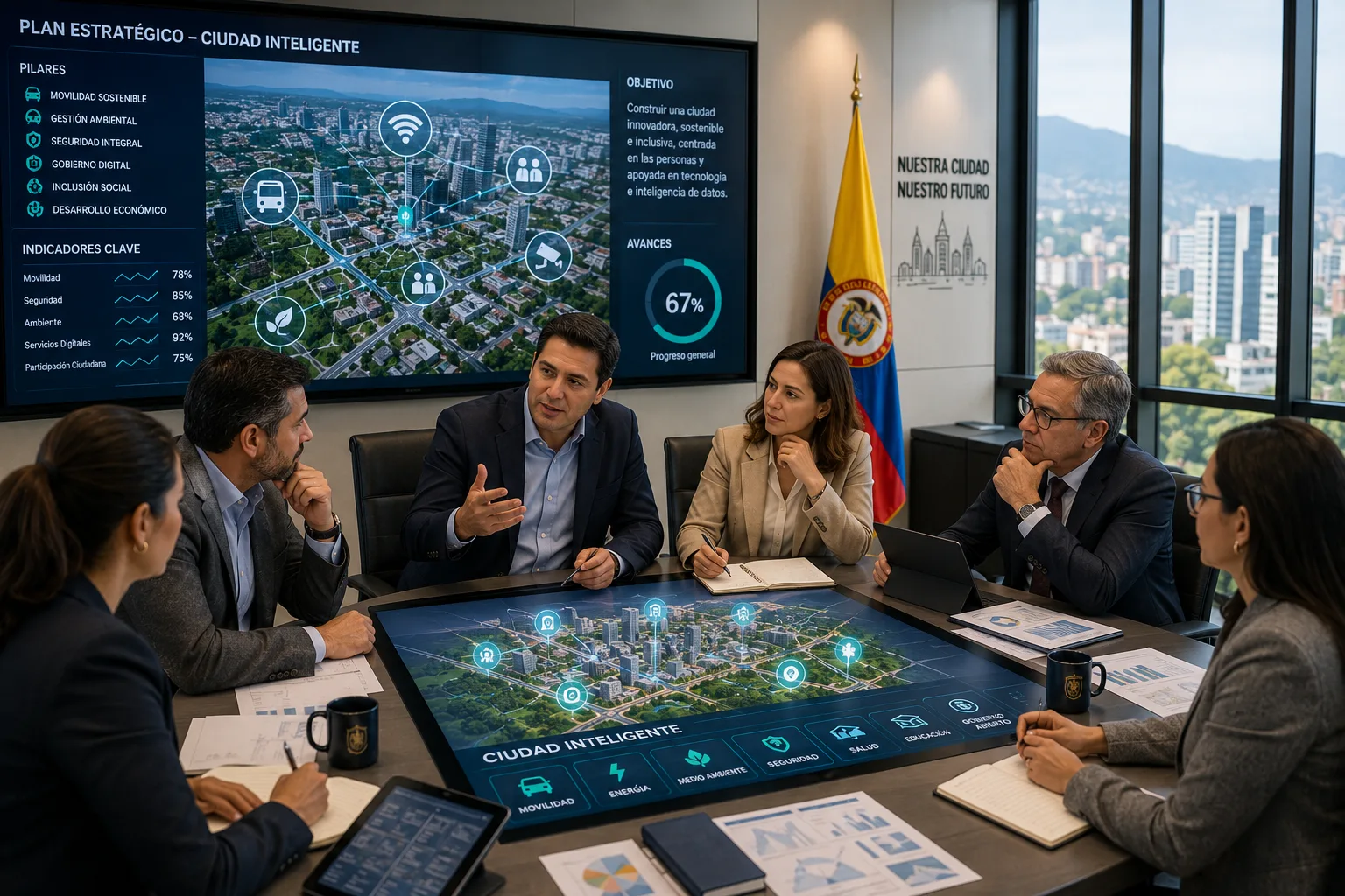 Equipo directivo de una entidad pública revisando el plan estratégico de ciudad inteligente