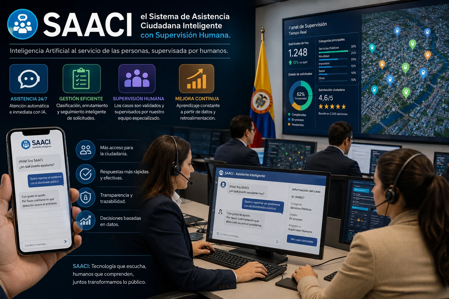 Infografía de SAACI: asistencia 24/7, gestión eficiente, supervisión humana y mejora continua, con panel de supervisión en tiempo real