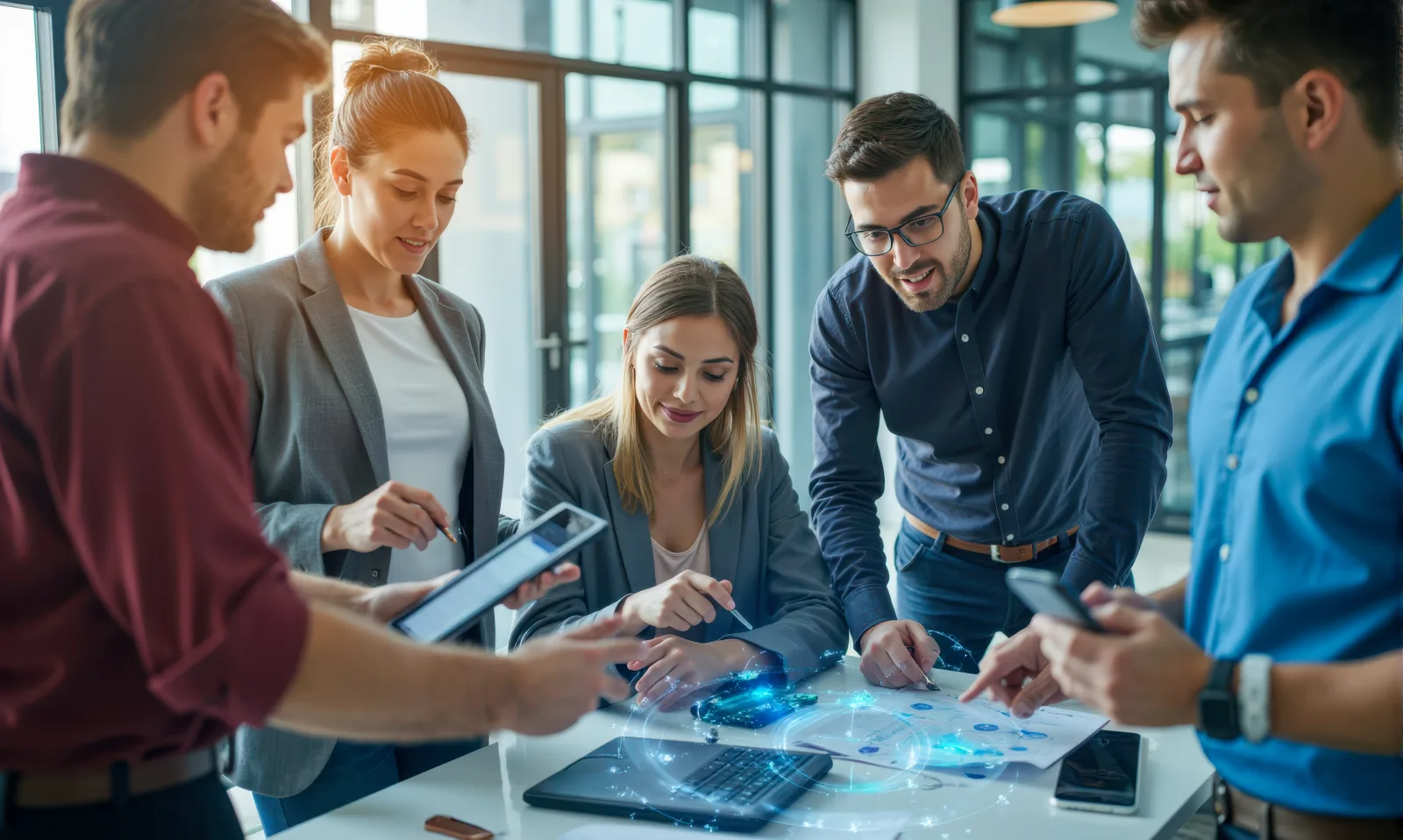 Equipo de consultores analizando datos y visualizaciones digitales en una oficina moderna